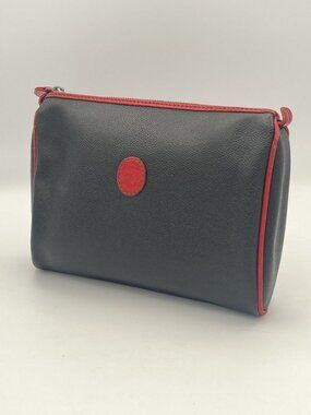 Vintage Trussardi Black Leather Cosmetic Pouch Red Trim Greyhound Logo Zip Italy